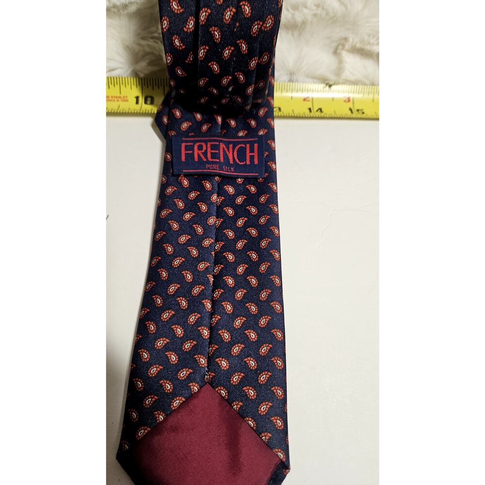 Vintage French Pure Silk Navy Paisley Tie - Classic Burgundy Gold Pattern